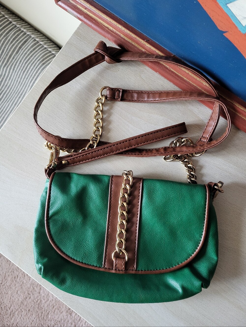 Green and Brown Chain Accent Crossbody Bag/ Clutch